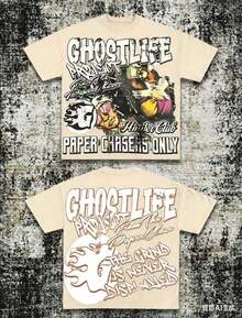 Men's Y2K Tee -American Street & "GHOSTLIFE" Hip-Hop Figureg Raphic T Shirt, Loose Retro Fit,Suitable For Young Men And Women To Wear For Casual,2026 Mens Clothes,Men Shirts,Camisas Para Hombre,Graphic Tees Men,Mens Clothes - 杏色 - 查看 1