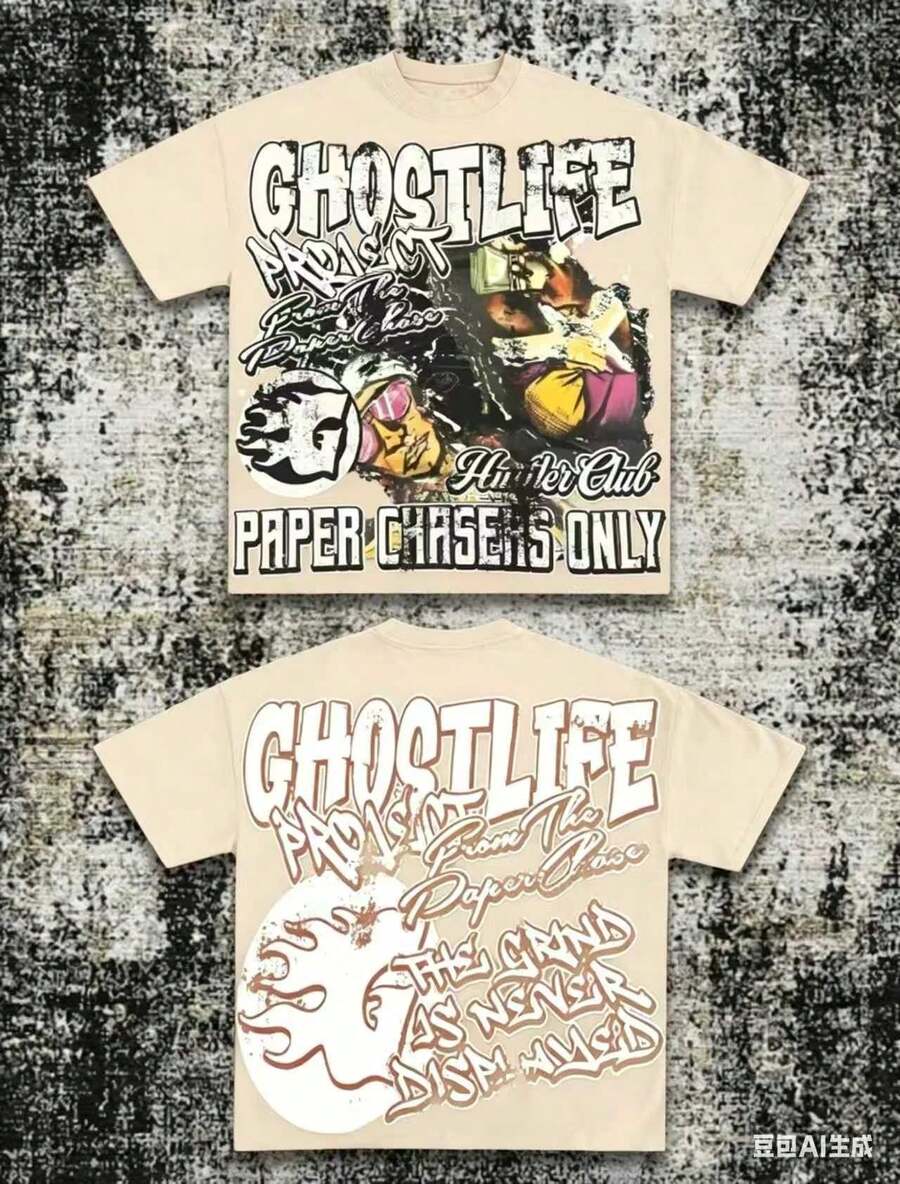 Men's Y2K Tee -American Street & "GHOSTLIFE" Hip-Hop Figureg Raphic T Shirt, Loose Retro Fit,Suitable For Young Men And Women To Wear For Casual,2026 Mens Clothes,Men Shirts,Camisas Para Hombre,Graphic Tees Men,Mens Clothes - 杏色 - 查看 1