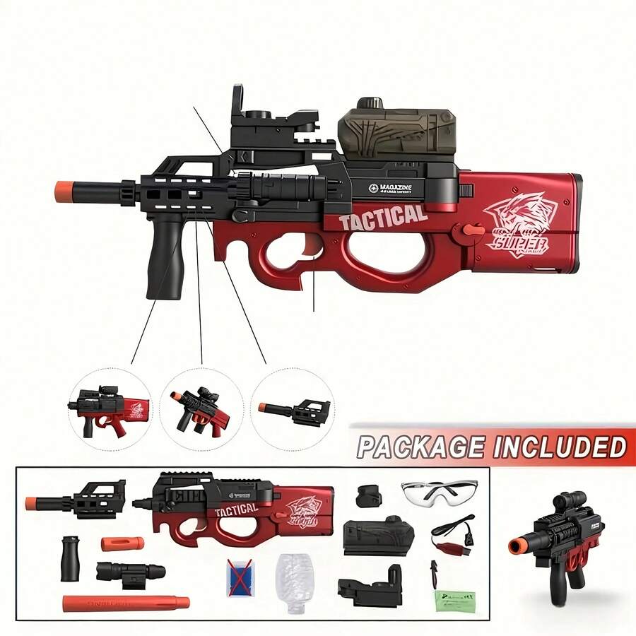 Lanzador de bolas de gel de agua, Lanzador de espuma P90 con configuración completa. - Rojo - Ver 1
