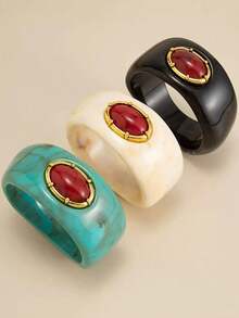 1 pieza Brazalete vintage de resina acrílica con piedras preciosas falsas, de diseño geométrico asimétrico, adecuado para uso diario y vacaciones - Multicolor - Ver 4