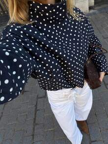 Chaqueta de mujer de manga larga, cuello alto, estilo suelto, con estampado de lunares y mangas de pétalos, de estilo europeo y americano, para primavera/verano - Azul Marino - Ver 4
