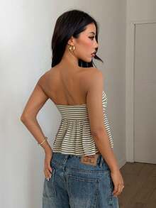 Women's Sleeveless Striped Knit Open Shoulder Cropped Top, Flared Hem, Fitted Waist, Slightly Stretchy Fabric Summer - Apricot Green - View 6