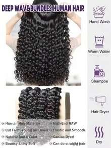 BINF 8-30 Inch Women's Deep Wave Human Hair Bundles, Raw Unprocessed Double Drawn Curly Hair Extensions For Weaving - Natural Black - View 5