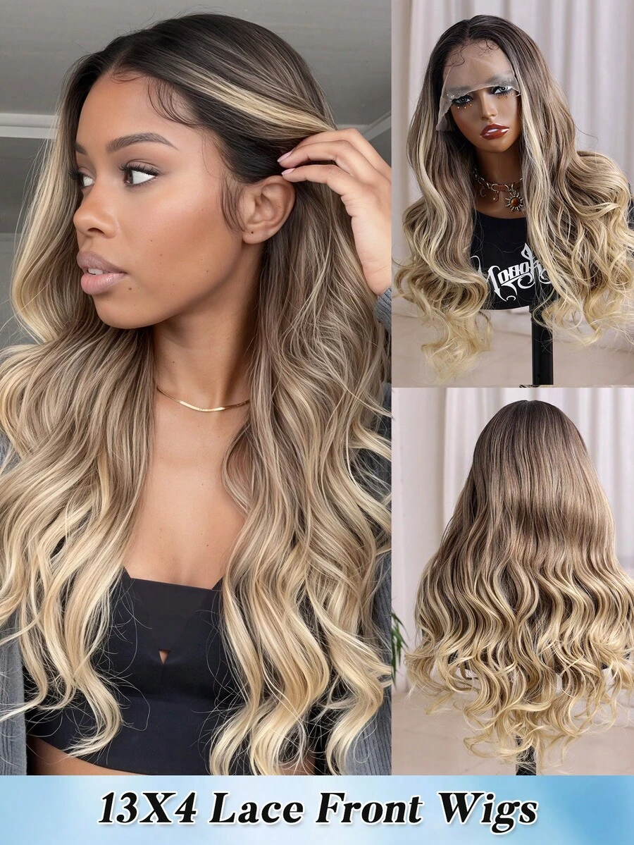 13X4 Frontal Lace Women's Wig, 22 Inches Long,Curly Wave Design, Including Baby Hair That Can Be Split Into Medium, Partial, And Free Parts, Naturally Cute, Made Of Imported Japanese Silk Material, Soft And Comfortable, Heat-Resistant