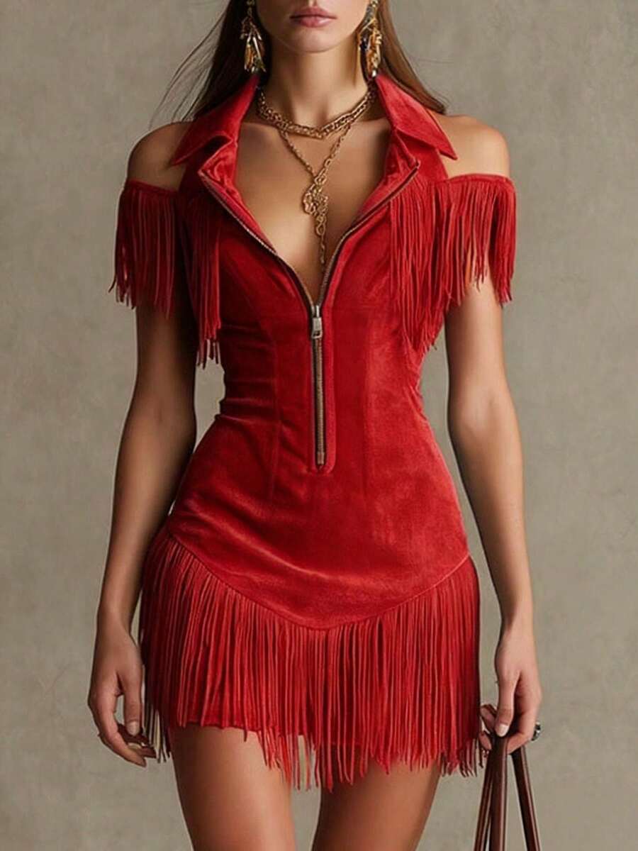2026 Retro Suede Fringed Off-The-Shoulder Dress Western Style Hottie Waist Skirt - 紅色 - 查看 1