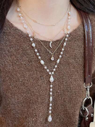 rundraw 1件新款多层星月水滴锆石串珠项链，优雅仿珍珠项链，多种颜色可选，适合派对、晚宴、日常佩戴，也是送给朋友和爱人的礼物。