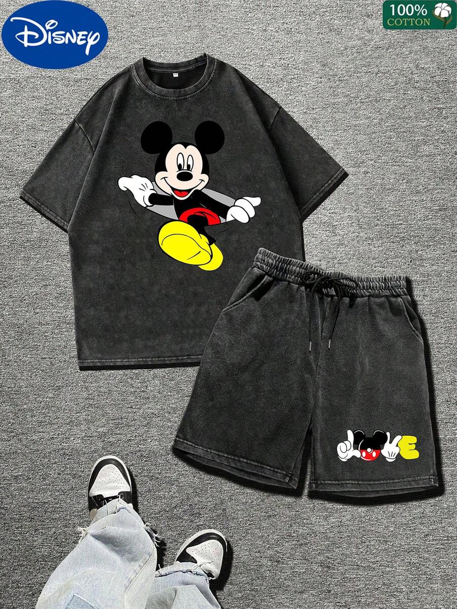 Disney Collaboration,Disney Classic Mickey Mouse Two-Piece Set: Washable Black Oversized T-Shirt And Shorts Set,Teacher's Day, Mother's Day, And Father's Day,4th Of July - 黑色 - 查看 1