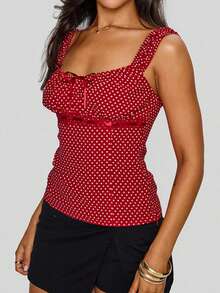 Women's Polka Dot Bow Front Cami Top - Square Neck Ruched Sleeveless Summer Y2K Top - Red - View 5