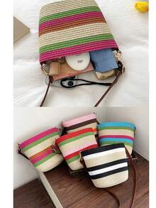 1 pezzo Borsa da spiaggia a quadri colorati, borsa a tracolla in paglia casual e pratica per donne, elegante borsa a tracolla, borsa da spiaggia per vacanze estive, può contenere portafoglio, borsetta, cosmetici, accessorio da viaggio essenziale, ottimo regalo per vacanze estive per la fidanzata o la mamma - Multicolore - Visualizzare 3