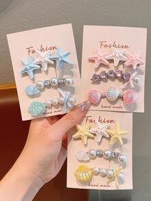 3pcs Girls' Colorful Sweet Fresh Spring Starfish, Pearl, Shell Hair Clips, Vacation Style Bangs Clips - Multicolor - View 3