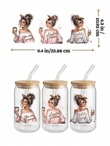 4 件/套 16 盎司玻璃杯 UV DTF 转印贴纸（9.4x4.3 英寸），无需加热，限量版，自制女性，豹纹蝴蝶结凌乱发髻咖啡爱好者，励志语录防水摩擦贴纸 DIY 礼物 - 女孩 02 - 查看 3
