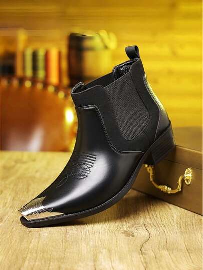 Men's Metal Cap Toe Chelsea Boots Faux Leather Pointed Toe Pull On Western Style Dress Boots For Party Wedding Stage Performance