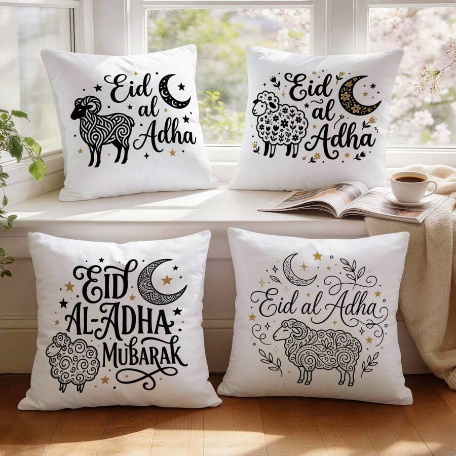 4pcs Minimalist Line Art Sheep Pattern Cushion Cover Set, Single-Sided Printed Throw Pillow Sham For Living Room Sofa Bedroom, 40x40cm/45x45cm/50x50cm, Eid Al-Adha Decor (Pillow Insert Not Included) - Multicolor - View 1