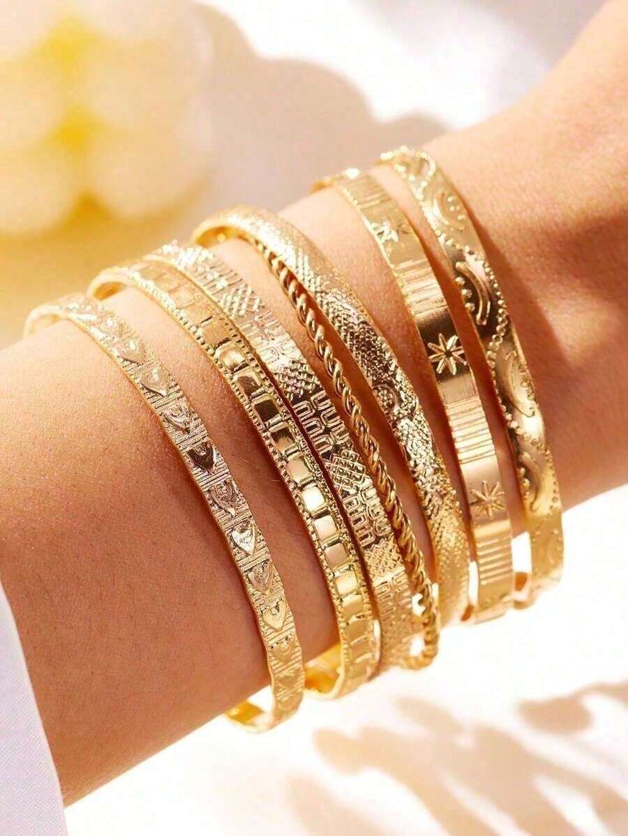 Set de 7 piezas de brazaletes exagerados de personalidad con hexágono martillado y abierto - oro - Ver 1