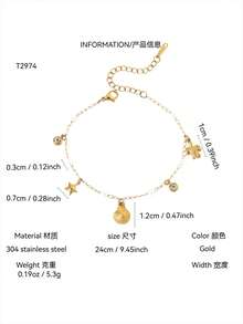 TONSI 1件海洋系列魅力个性可爱时尚简约精致INS风手链，18K镀金不锈钢，镶嵌锆石珍珠、贝壳、海龟、海星吊坠，适合女性佩戴，可用于夏季度假、节日、日常佩戴、派对和各种场合。 - 金色 - 查看 8