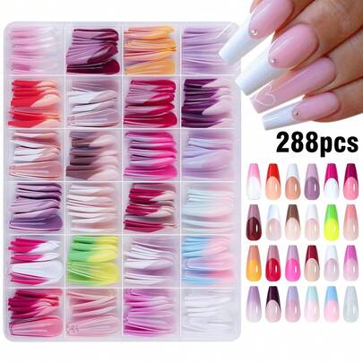 288Pcs/Box French Tip Press On Nails - Removable & Reusable,Full Cover,Long Coffin Fake Nails - Gradient Color Acrylic False Nails For Nail Art DIY Decoration,Manicure Tips For Women Girls,24 Styles Mixed Designs False Nails With Storage Box