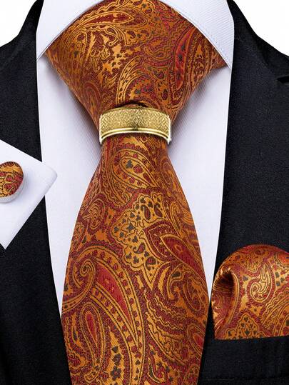 Men Luxury Paisley Jacquard Tie Pocket Square Cufflinks With Golden Ring 4 Piece Set For Wedding Party Banquet Prom