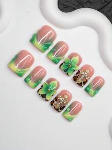 10 piezas de puntas de uñas cuadradas hechas a mano, estilo Y2K Baddie, color nude y verde con puntas francesas, grabadas, con elementos de cruz y estampado de cebra, decoración de uñas hecha a mano, adecuada para mujeres y niñas, uñas con brillo para fiestas, bodas y uso diario, incluye kit de herramientas, gran regalo para damas - Multicolor - Ver 3