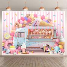 2D Flat, 1-Piece Summer Ice Cream Truck Backdrop – Features A Bright Cartoon Design Decorated With Balloons, Lollipops, Donuts, And Cupcake Patterns.Made Of Durable Polyester Material, Suitable For Birthday Parties, Baby Showers, And Indoor And Outdoor Events.Machine Washable, Metal Eyelets Are Rust-Proof - Nhiều màu - Xem 6