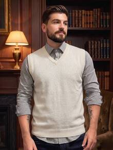 Men's Knit Pullover Vest With V-Neck, Classic Premium Comfortable - Beige - View 2