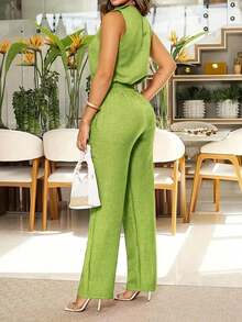 Women Sleeveless Casual Elegant Top And Pants Set With Slant Pockets & Button Details Summer - 卡其色 - 查看 11