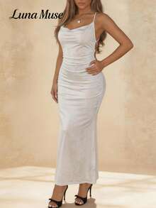 Luna Muse Women's Spring/Summer New White Collar Spaghetti Strap Maxi Dress, Pure Desire Style Pleated Waist Fitted Long Dress, Sexy Chic Elegant Evening Gown, High-End Graceful, Suitable For Daily, Casual, Party, Holiday, Date, Party, Valentine's Day, Wedding, Gala, Music Festival, Beach Style, Celebrity Style - White - View 4