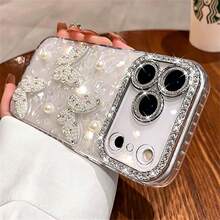 3D Rhinestone Pearl Butterfly Phone Case With Lens Protection, Full Coverage Anti-Fall Anti-Shock New Model, Luxury Pearl Diamond Butterfly Transparent Plated Soft Silicone Back Cover Phone Protective Case, Compatible With IPhone 17/16/15/14/13/12 Pro Max - Multicolor - View 9