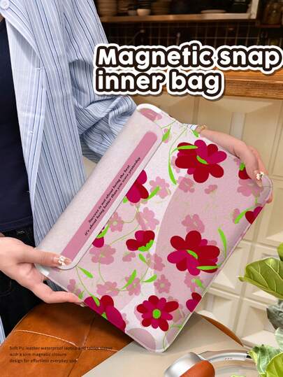 One Piece: Red Floral Pattern, PU Leather Magnetic Buckle Anti Drop Notebook Inner Bag, Compatible With MacBook Pro 16 Inch, Air 13, Galaxy TAB S10 Ultra, And Metabook 14 Inch 11 Inch/13 Inch, Convenient For Business Trips, Can Be Used As A Mouse Pad/Storage Bag, Is A Must-Have Accessory For Business/Study/Travel
