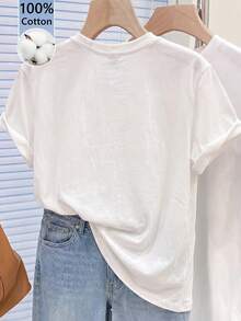 Women's Short-Sleeved Round Neck T-Shirt, Casual Regular Length, Stretch Fabric, Suitable For Daily Wear In Summer. White - White - View 2