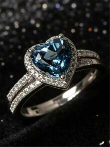 Juego de anillo de compromiso con corte de corazón de CZ para mujeres, diseño de alta gama apilable para novia y boda, joyería de propuesta de matrimonio para mujeres, anillo de compromiso, anillo de compromiso, uso diario - Azul - Ver 3