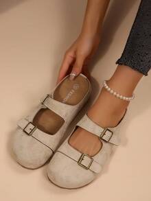 Women's Retro Suede Double-Buckle Slip-On Loafers, Soft Sole Anti-Slip Closed-Toe Mules, Casual Wear - Apricot - View 3