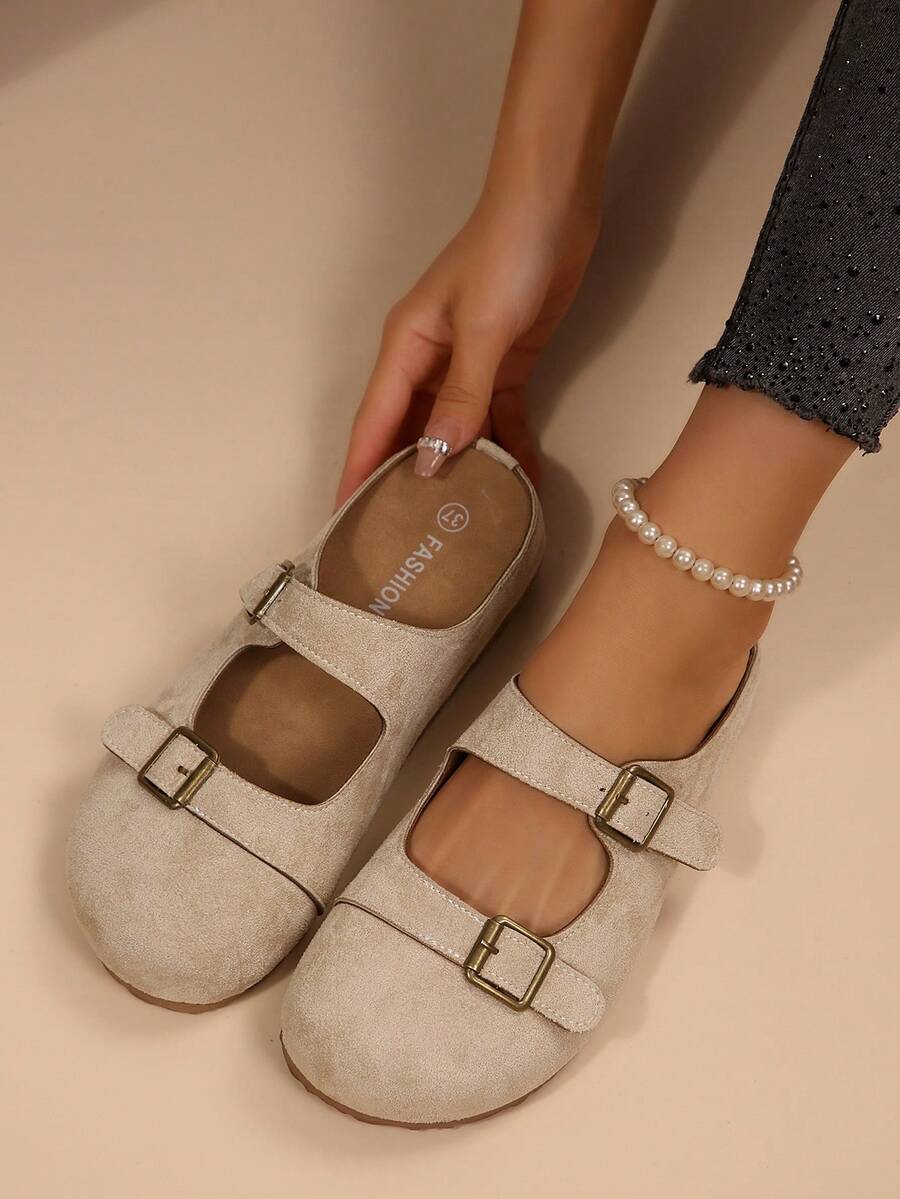Women's Retro Suede Double-Buckle Slip-On Loafers, Soft Sole Anti-Slip Closed-Toe Mules, Casual Wear - Apricot - View 1