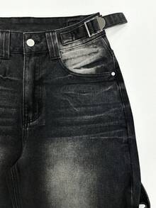 高腰街头风 Y2K 做旧宽松工装牛仔裤，休闲黑色 - 黑色 - 查看 5