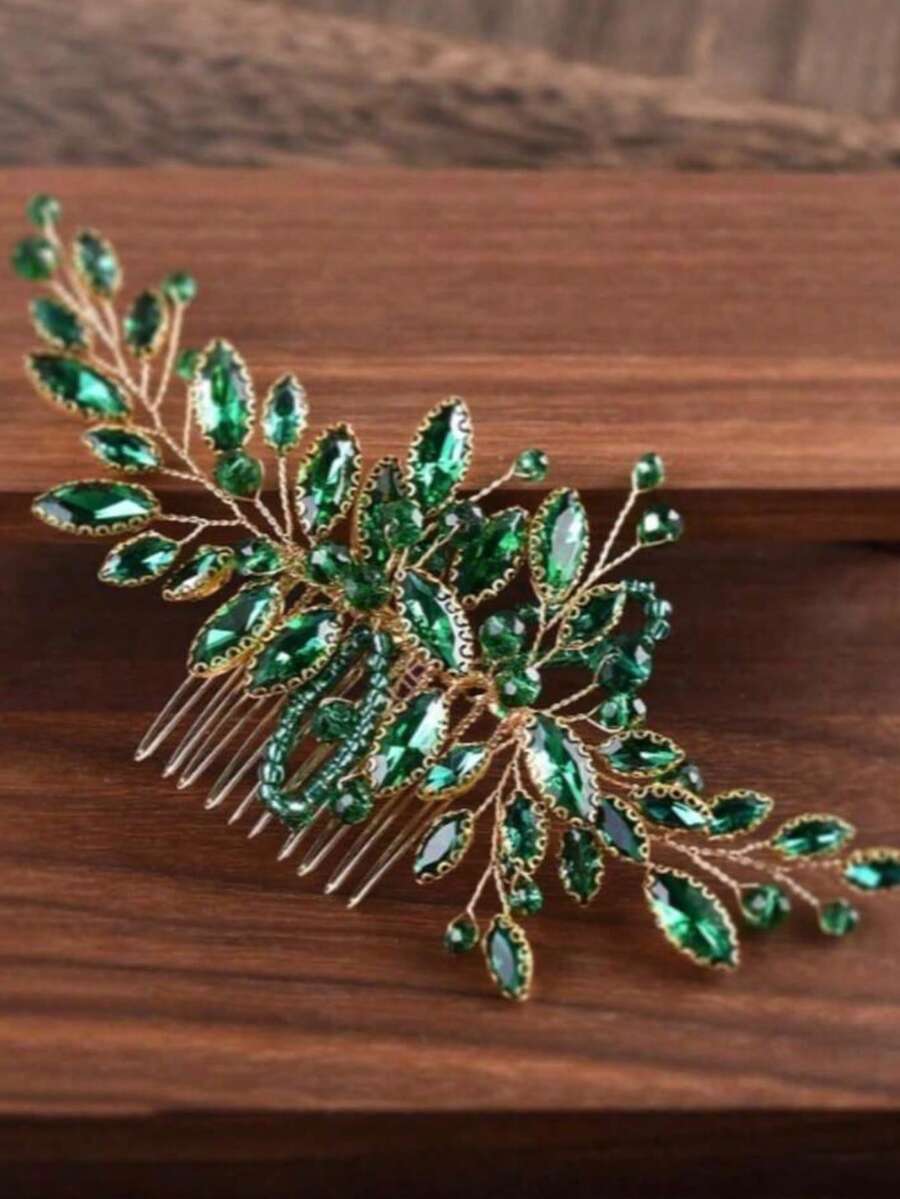 1件装女士白色玻璃水钻长发梳头饰 - 綠色 - 查看 1