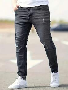 Men's Pocket Button Distressed Slim Fit Casual Versatile Daily Wear Denim Jeans - Black - View 2