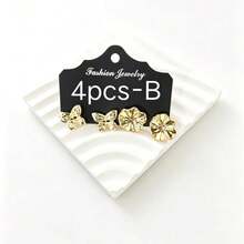 Set de 4 piezas/14 piezas de pendientes de estilo europeo y americano, combinación de varios estilos como mariposa/hoja/botón - Dorado - Ver 7