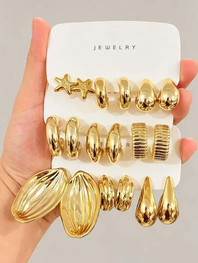 6/18pcs Fashion New Earring Set, Suitable For Daily And Festival Wear, Made Of ABS Resin With UV Plated Non-Fading Gold