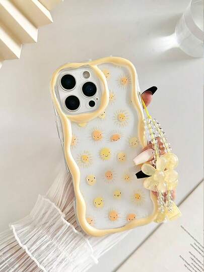 奶油色波浪纹亮面笑脸彩绘防摔手机壳，配串珠手链配件，兼容 17pro/17Air/17/17promax/16/11/16pro/16plus/16promax/16e/15Promax/13/14/12/XS/XR/7G/8P、Galaxy 等机型。