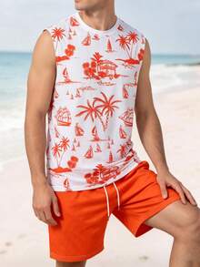 Bộ đồ nam gồm áo tank top không tay và quần short in họa tiết đảo. - Nhiều màu - Xem 4