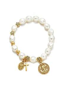 1pc Faux Pearl Beaded Flower, Cross & Virgin Mary Charm Bracelet, Vintage Style, Suitable For Men And Women Daily Wear, Also A Great Gift - Multicolor - View 7