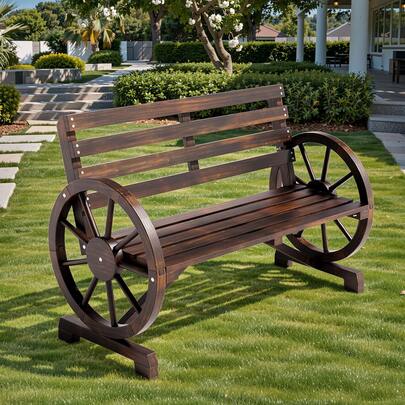 Banco de jardín de madera de 2 plazas, robusto banco de exterior con detalle de barra de radar, para jardín, terraza o patio.