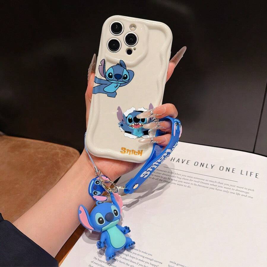 Disney Has Authorized, Phone Case - Chain Set, The Stitch Lilo & Stitch Phone Case Plus A Silicone 3D Or Fluffy Style Stitch Bracelet With Metallic Ring Removable Bracelet, Stitch And Angel Pattern, Compatible With Iphone 17/16/15/14/13/12/11/XS/XR/X Plus Pro Max, Wavy Design Phone Case For Girl, A Stylish Cartoon Summer Phone Case, The Perfect Gift Choice, Phone Protection, Durable Phone Cover, Great Gift For Friends And Family - 白色款式A - 查看 1
