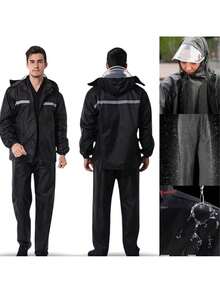 Unisex Adult Motorcycle Raincoat Full Set With Signal Strip And Hood - P.Qiu - Black - View 7