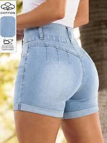 Light Blue Washed Denim High Waist Cuffed Shorts For Women, Button Closure Casual Summer - Light Wash - View 2