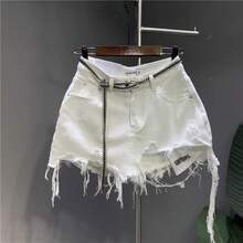 White Fringed Irregular Denim Half-Length Skirt For Women With Exposed Holes And Exposed Pockets, Preventing Accidental Exposure Of The Body. - trắng - Xem 5