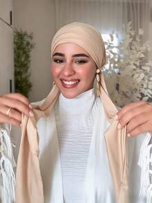 1pc Women's Classic Solid Color Elegant Instant 3-Layer Double Ribbon Wrapped Turban, Fashion Elegant Long Ribbon Headscarf, Non-Slip Breathable Soft Modal Knit Fabric Hijab, Suitable For Daily Yoga, Sports, Outdoor Wear - Multicolor - View 5