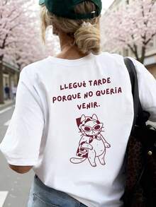 [Free 3-Day Delivery]Camiseta De Hombros Caídos Extragrande Con Texto En Español Y Estampado De Gato Genial. - Style1 - View 5