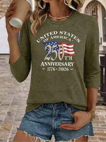 Women's 250th Anniversary Of American Independence 1776–2026 T-Shirt, 3/4 Sleeve Round Neck, Patriotic Print Top, 100% Cotton, Loose Fit - 綠色 - 查看 1