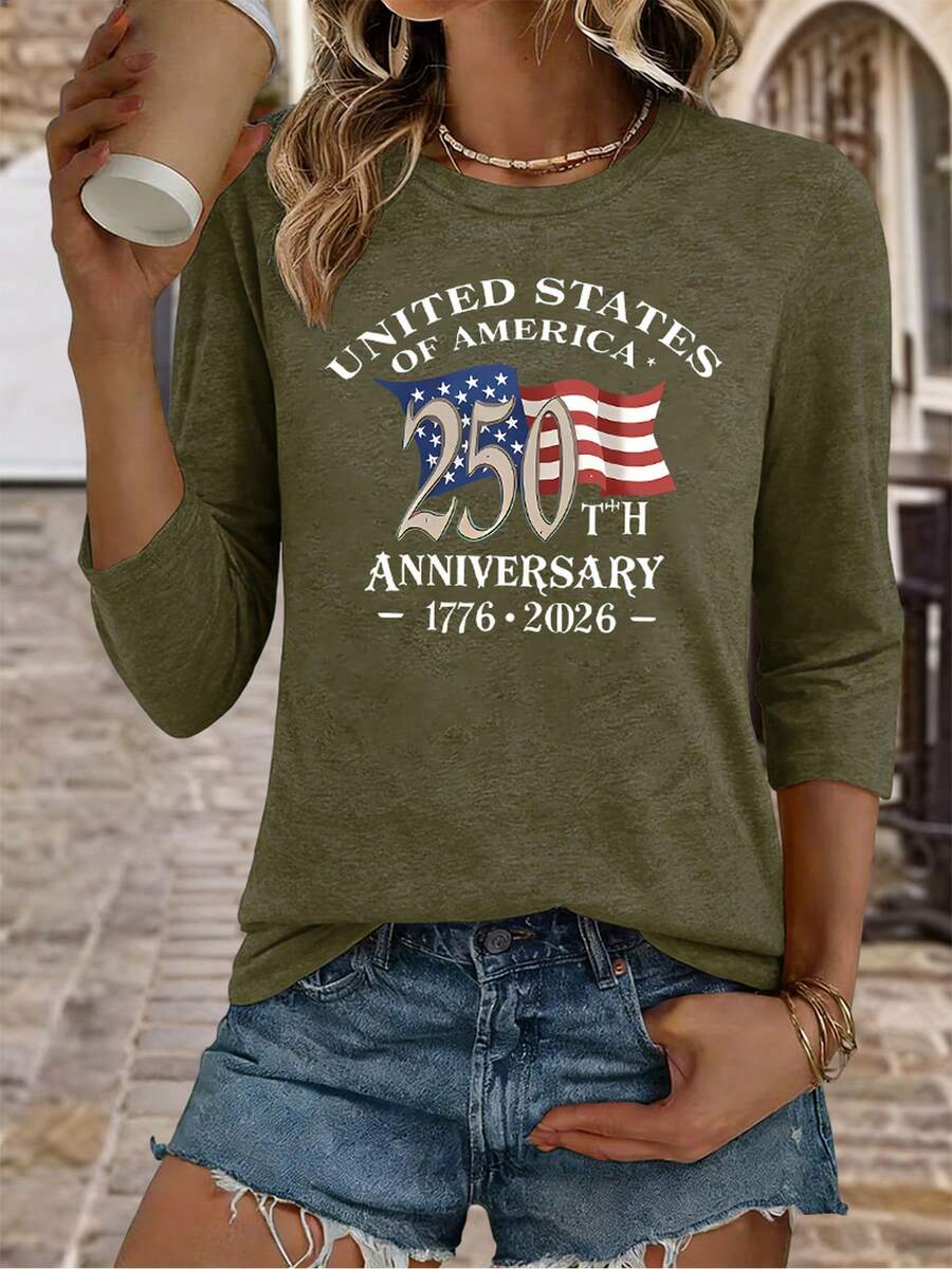 Women's 250th Anniversary Of American Independence 1776–2026 T-Shirt, 3/4 Sleeve Round Neck, Patriotic Print Top, 100% Cotton, Loose Fit - 綠色 - 查看 1