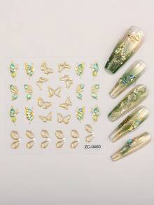 Beauty Sticker 1pc Embossed Green Butterfly Nail Stickers, Spring/Summer Fresh Cute Ocean Nail Decals, Easy To Use, Suitable For Women's Home DIY Manicures. - Olive Green - View 3